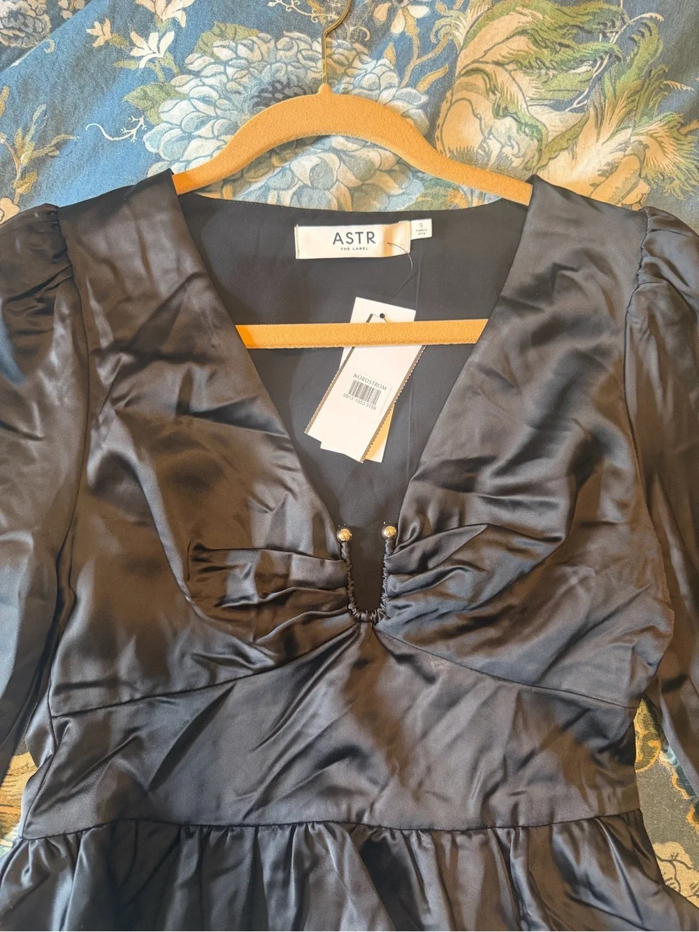 NWT Astr Black Satin Peplum Blouse with V-Neck
